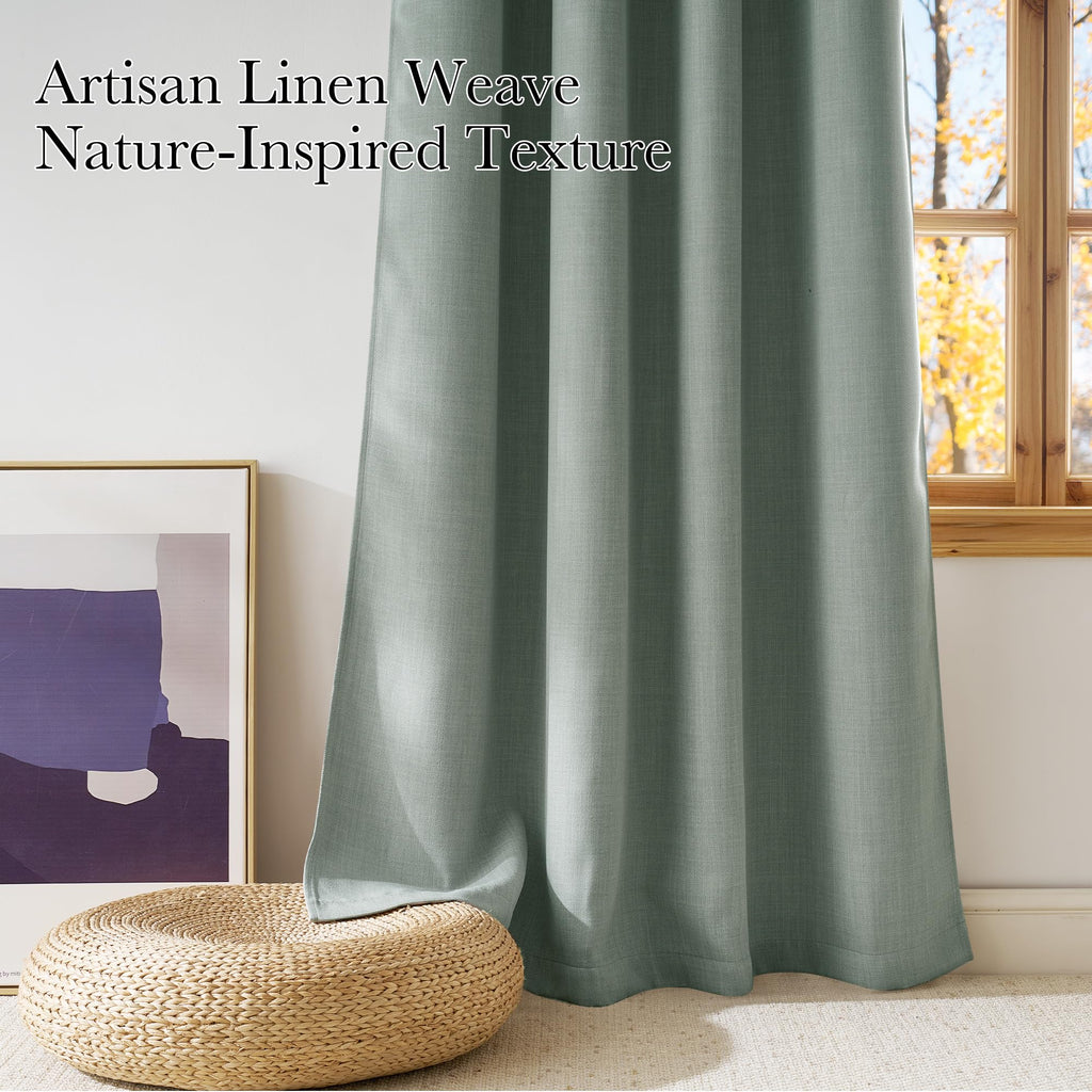 NICETOWN Sage Green Faux Linen Room Darkening Rod Pocket Curtains 63 inch Length, W42 x L63, Light Blocking Thermal Insulated Noise Reducing Drapes for Bedroom Living Room Farmhouse Decor, 2 Panels