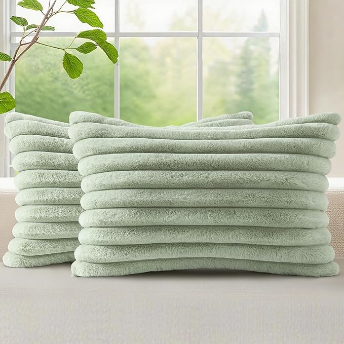 decorUhome Fall Faux Fur Throw Pillow Covers 12x20 Set of 2 Sage Green