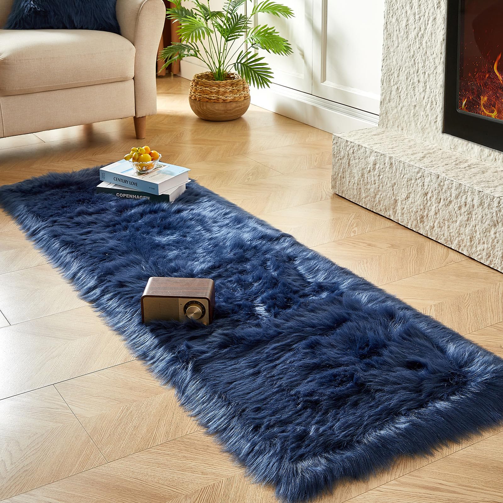 AMTOVO Faux Fur Rug, Dark Blue Ultra Soft Fluffy Shag Sheepskin Rug, 2 x 6 ft Runner Area Rugs for Bedroom Sofa Throw Cushion Room Decor, Rectangle