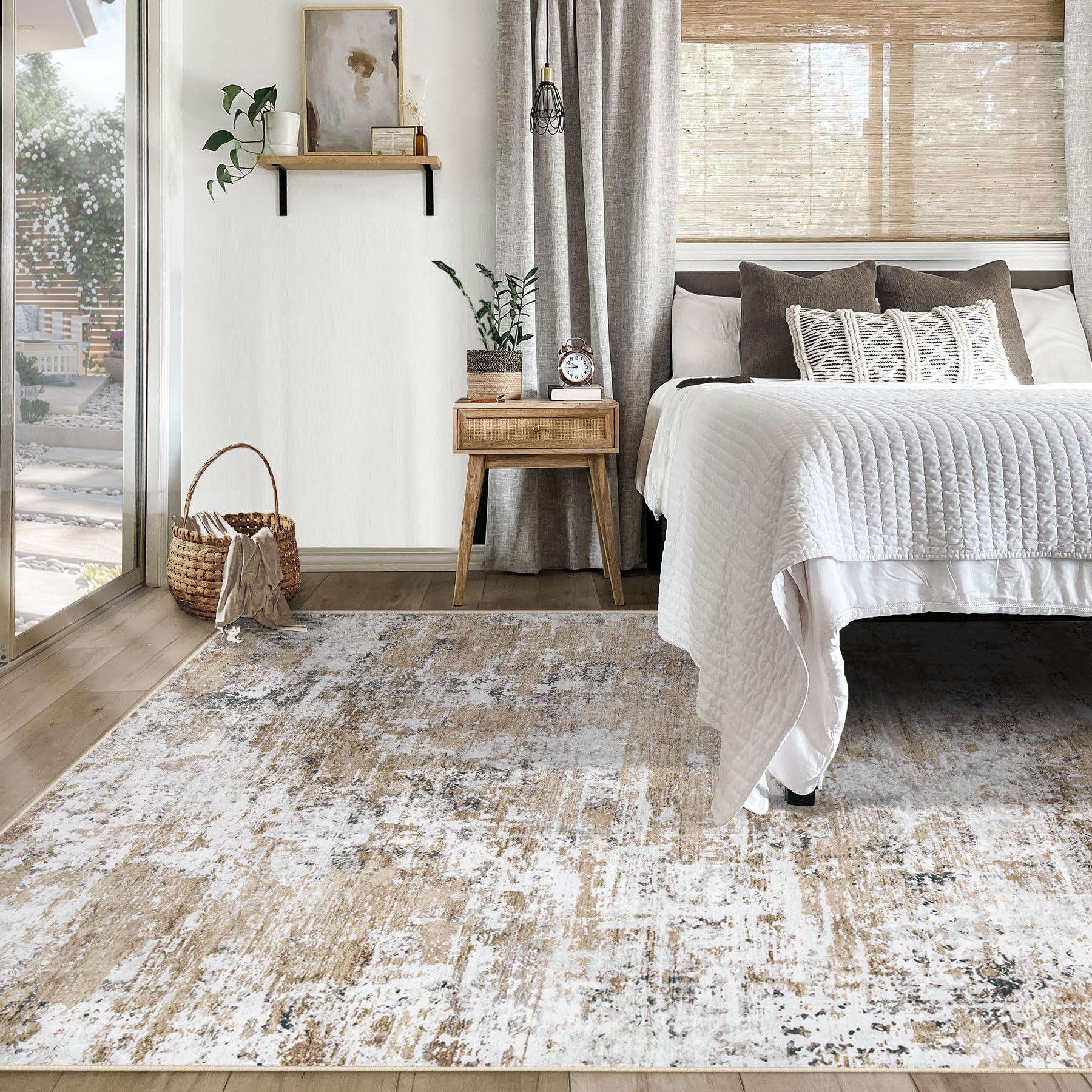 XLUEZ 5x7 Area Rugs for Living Room, Washable Modern Abstract Large Area Rug Neutral Soft Non Slip Kids Rug Stain Resistant Indoor Carpet for Bedroom Nursery Dining Room Playroom(Beige, 5'x7')