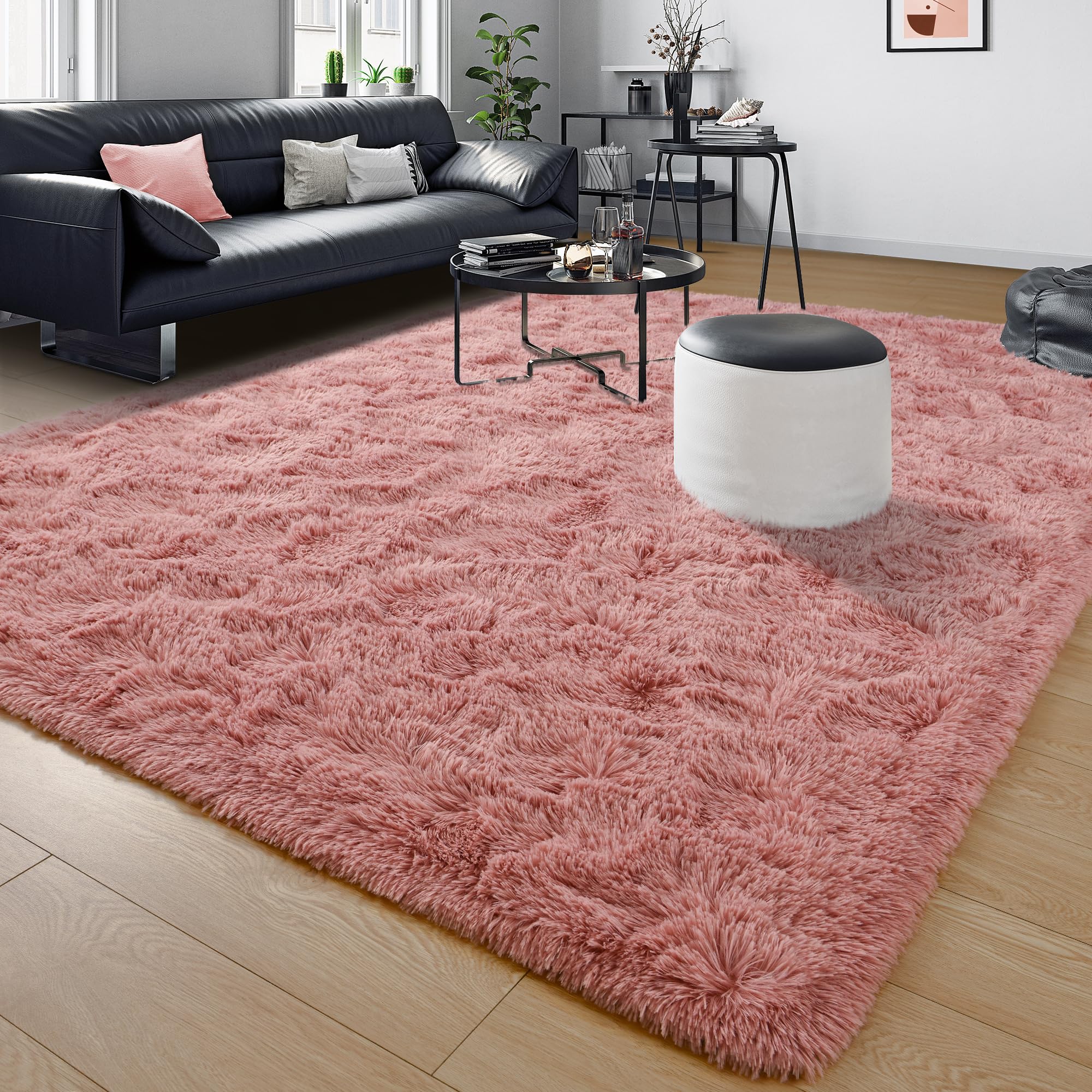 Tepook Blush Pink Area Rugs for Living Room Girls Bedroom, 9x12 Fluffy Shaggy Dusty Pink Rug for Kids Room Playroom, Plush Shag Non-Slip Carpet for Nursery Dorm Classroom, Cute Rose Beige Rug