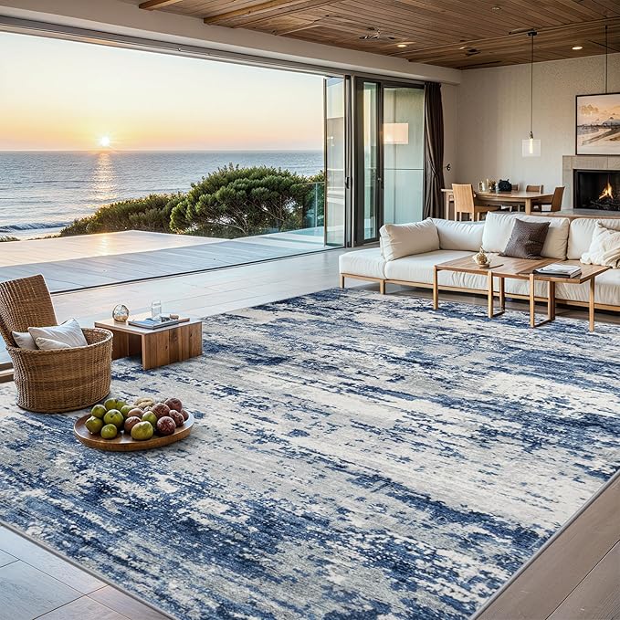 Area Rugs Living Room Rug - 4x6 Washable Modern Abstract Soft Neutral Non-Slip Carpet Large Indoor Floor Thin Carpets for Bedroom Dining Room Farmhouse Nursery Home Office Blue Gray