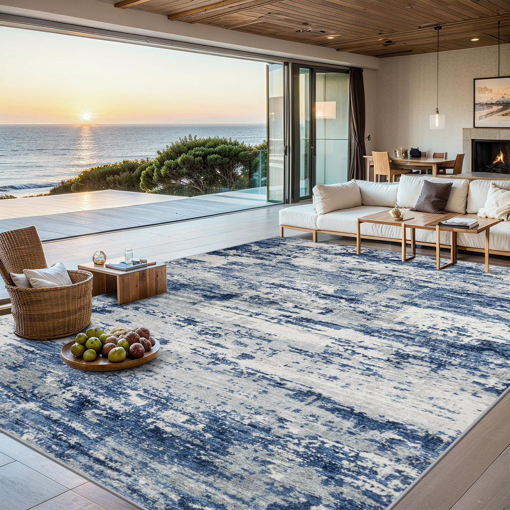 PLHXFR Area Rug Living Room: 4x6 Abstract Washable Carpet Blue Gray