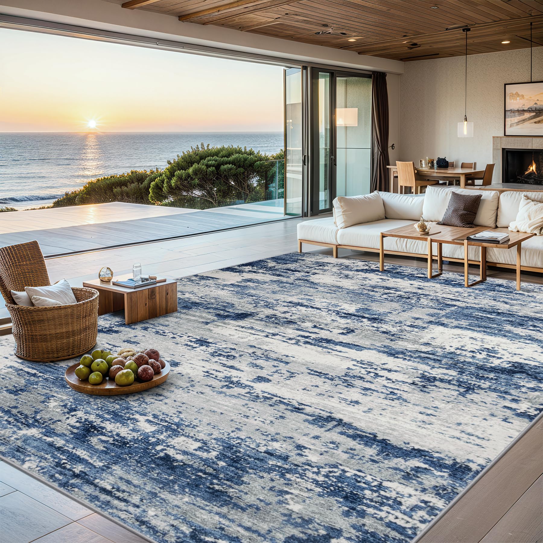 PLHXFR Area Rug Living Room: 4x6 Abstract Washable Carpet Blue Gray