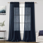 Nanspring Navy Blue Linen Curtains for Living Room 2 Panels Set Extra Long Back Tab Light Filtering Semi Sheer Curtain Drapes for Bedroom Neutral Farmhouse Ceiling to Floor for Large Window 52x100