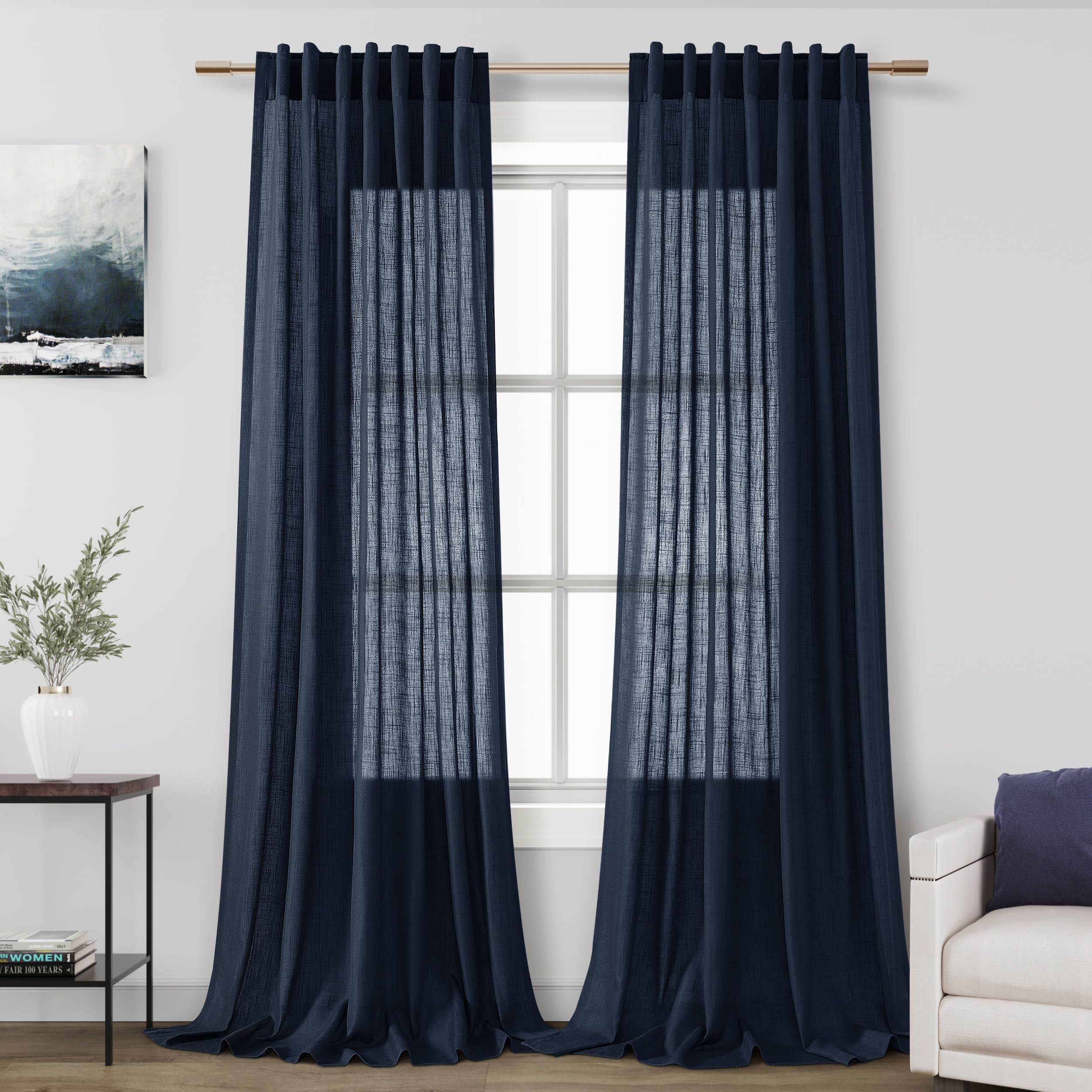 Nanspring Mist Sage Linen Curtains Semi Sheer 96 Inches Long 2 Panels Set for Living Room Back Tab Rod Pocket Light Filtering Drape for Bedroom Modern Farmhouse Coastal Decor Protect Privacy 52x96 — 기타