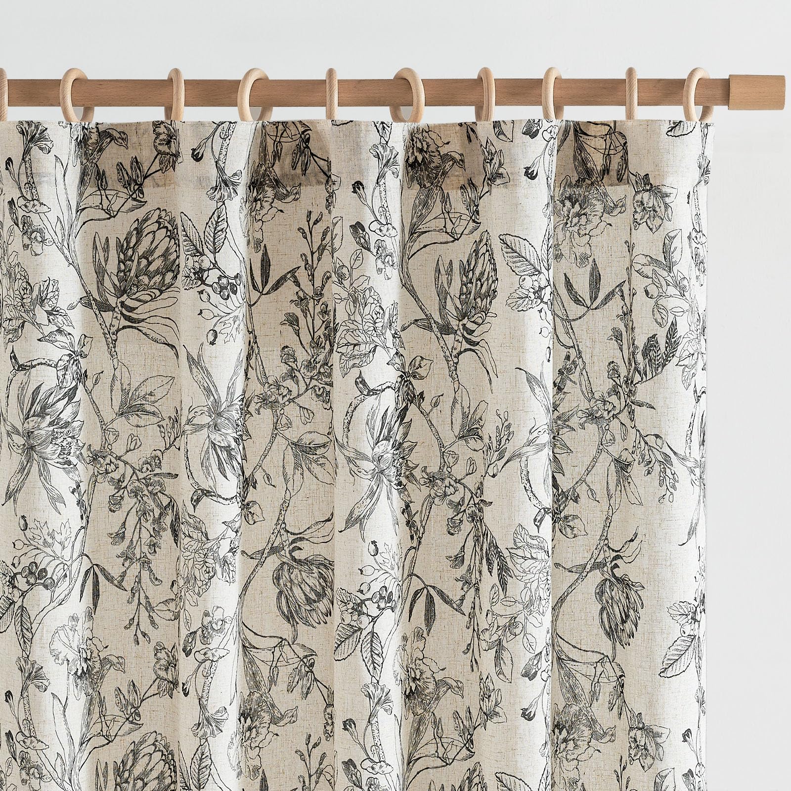 jinchan Black Floral Linen Curtains 108 Inch Farmhouse Rod Pocket 2 Panels