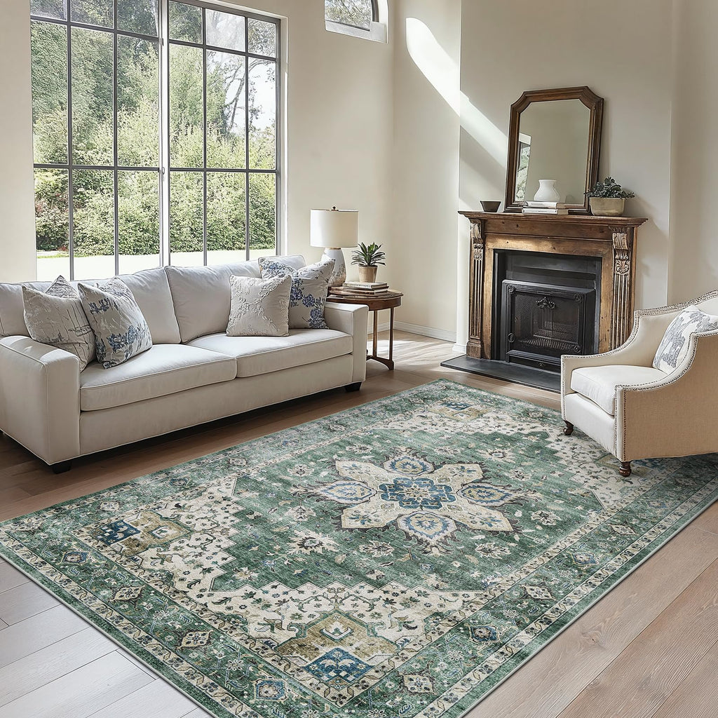 AMADA HOMEFURNISHING 6x9 Area Rug, Washable Low-Profile Large Area Rug with Non-Slip Backing & Durable Edge Binding, Vintage Large Rugs for Living Room, Bedroom
