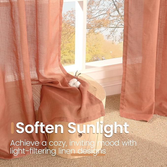 BGment Short Terracotta Linen Curtains 30 Inch Length for Kitchen Window, Semi Sheer Fall Drapes for Cafe Over Sink Half Decor Rustic Textured Rod Pocket Lightweight, 2 Panels, Each 30 Inch Wide