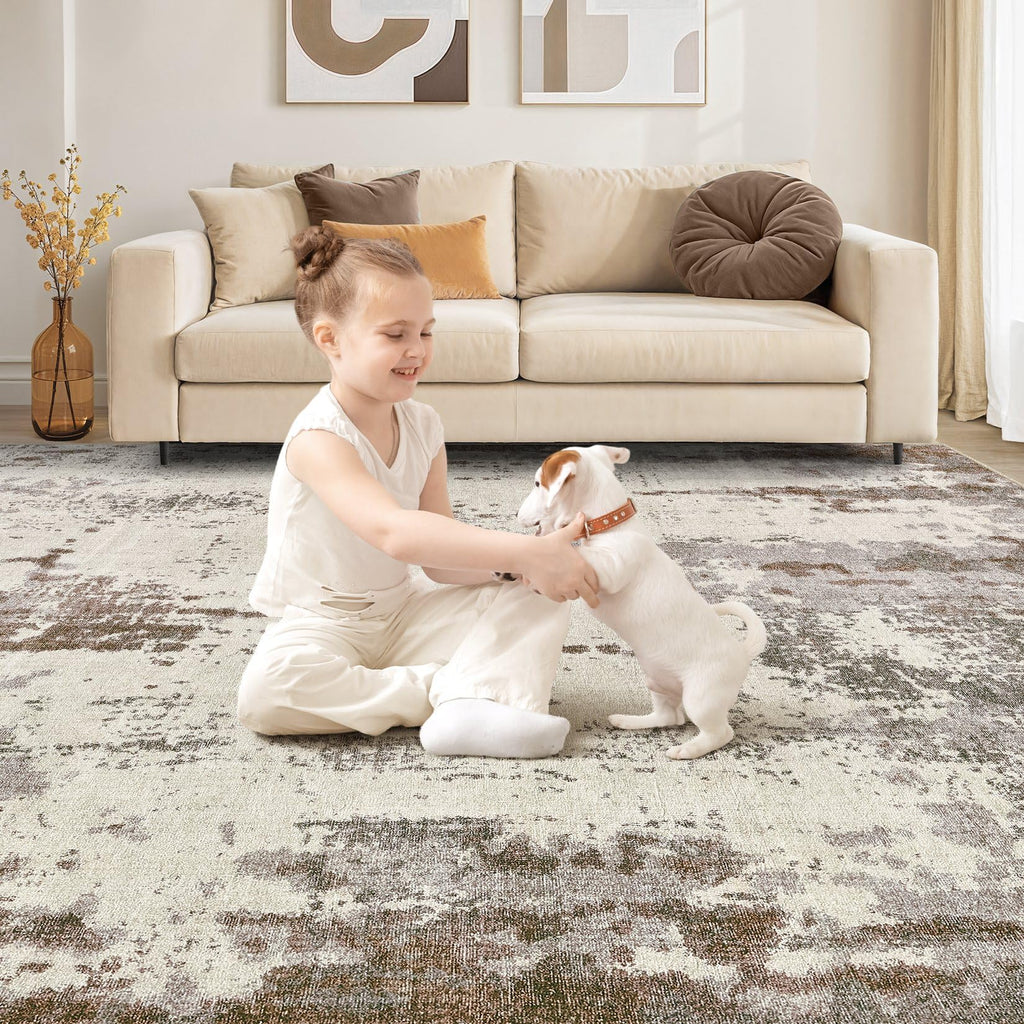 UERMEI 10x14 Washable Area Rug - Neutral Modern Abstract Living Room Rugs, Non-Slip Soft Large Indoor Floor Carpet for Bedroom Home Office & Under Dining Table Decor, Brown/Grey/Beige