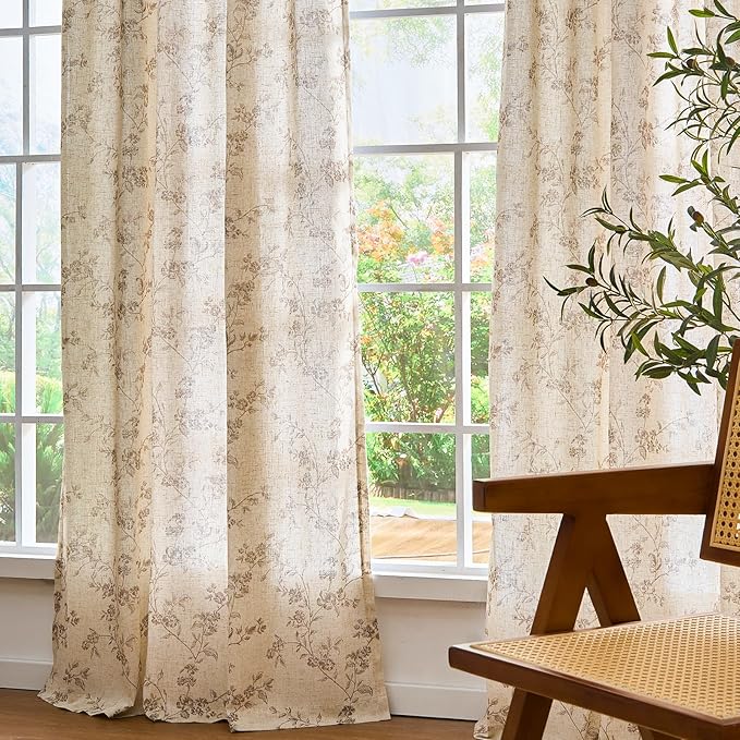 Lazzzy Taupe Vintage Floral Linen Curtains Farmhouse 50W X 84L 2 Panels