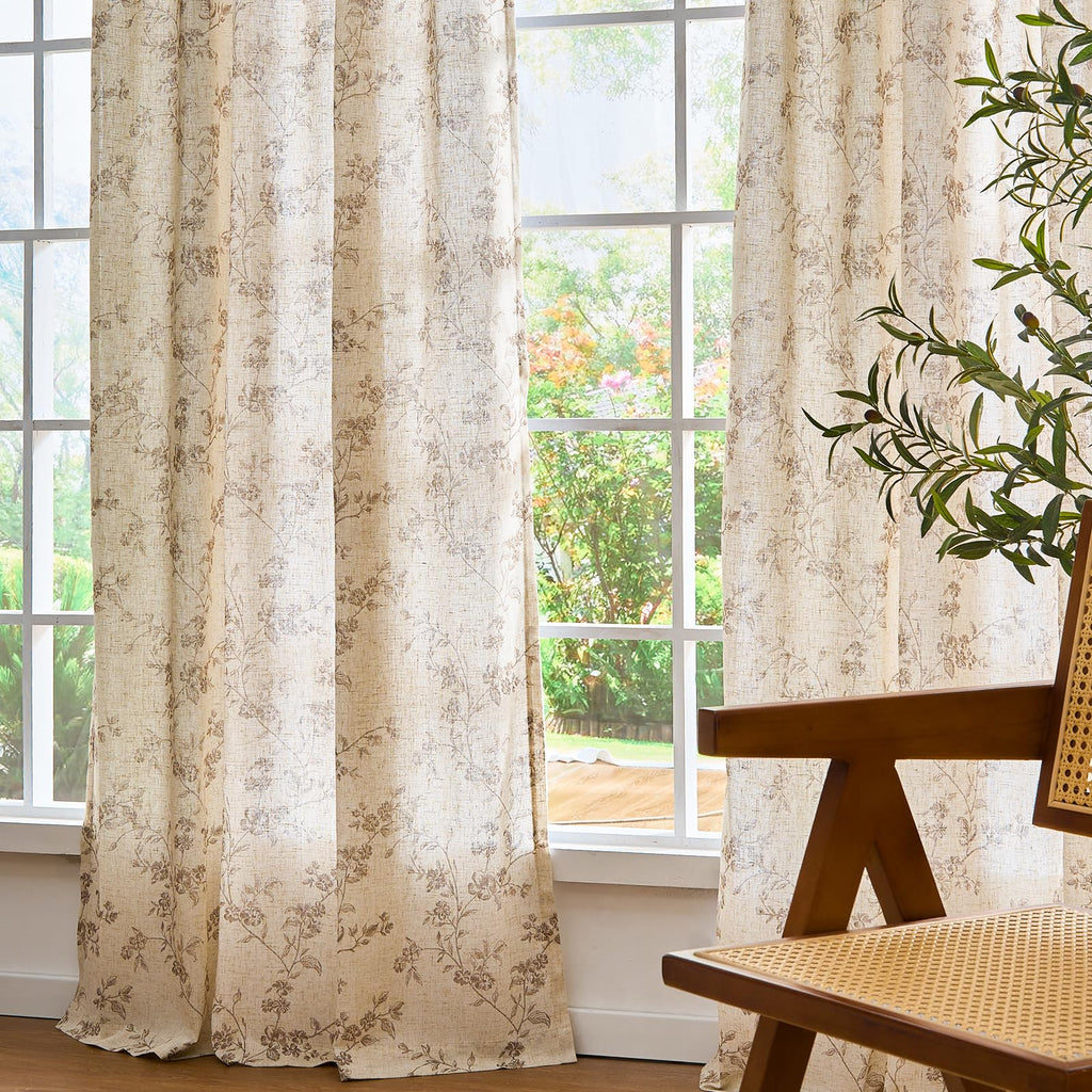 "Lazzzy Farmhouse Polyester blended Curtains Taupe Floral Curtains 96 Inch Length Back Tab Drapes for Living Room Bedroom Light Filtering Country Vintage Rod Pocket Curtain, 2 Panels, Taupe on Beige