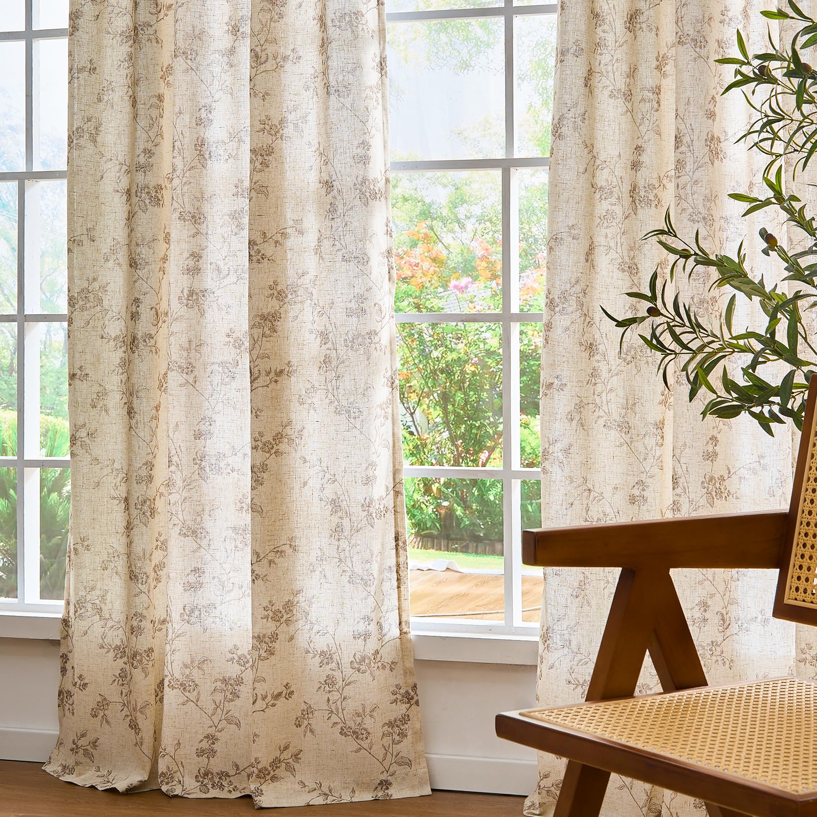 "Lazzzy Farmhouse Polyester blended Curtains Taupe Floral Curtains 96 Inch Length Back Tab Drapes for Living Room Bedroom Light Filtering Country Vintage Rod Pocket Curtain, 2 Panels, Taupe on Beige