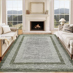GarveeHome Modern Geometric Area Rug 5x7 Distressed Bordered Rug Washable Non Slip Floor Carpet Non Shedding Thin Rug, Soft Low Pile Rug, Contemporary Green Rug for Dining Room, Living Room
