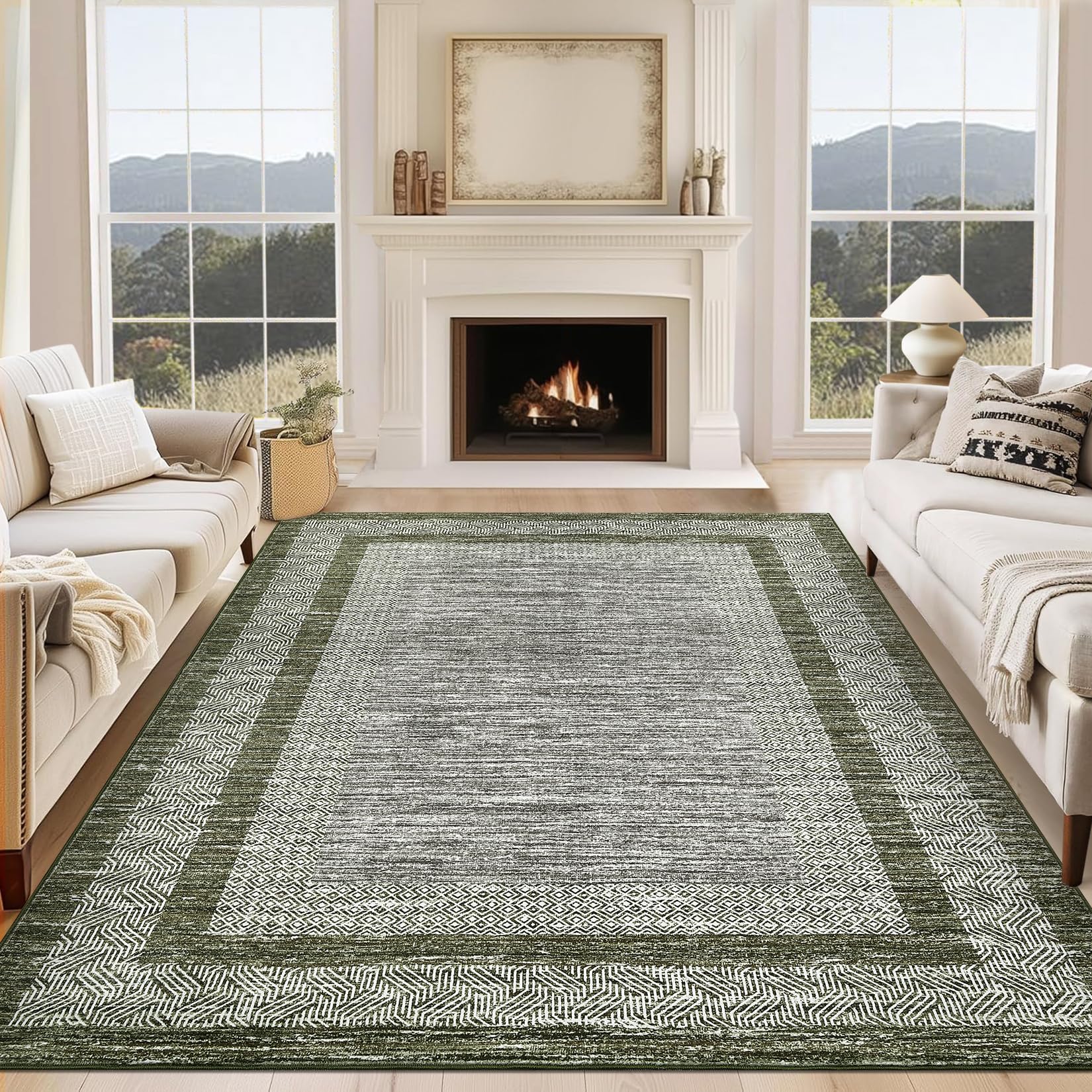 GarveeHome 9x12 Large Modern Navy Green Area Rug Distressed Bordered Soft Non Shedding Floor Carpet