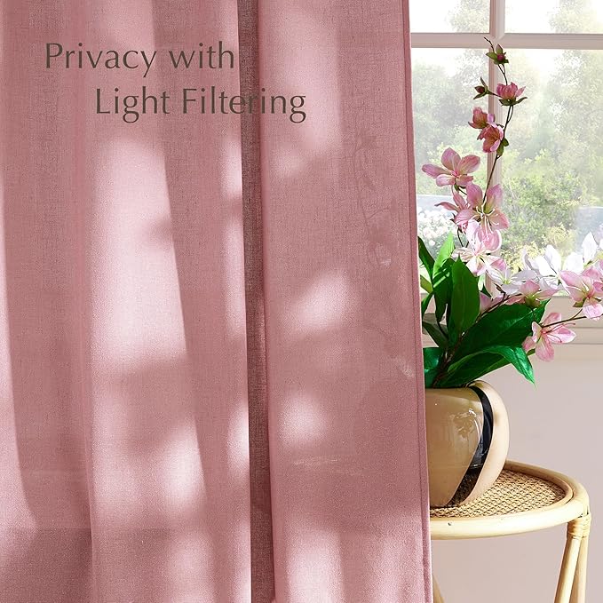 NICETOWN Thick Linen Pink Curtains for Girls Room 96 inches Long, Grommet Flax Linen Privacy Added with Light Filtering Window Treatments for Bedroom, W55 x L96, 2 Panels