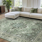 Area Rugs 6'x9' Washable Non-Slip, Floral Vintage Distress Print Pattern Medallion Carpet for Living Room Bedroom Dining Room, Dark Green Gray