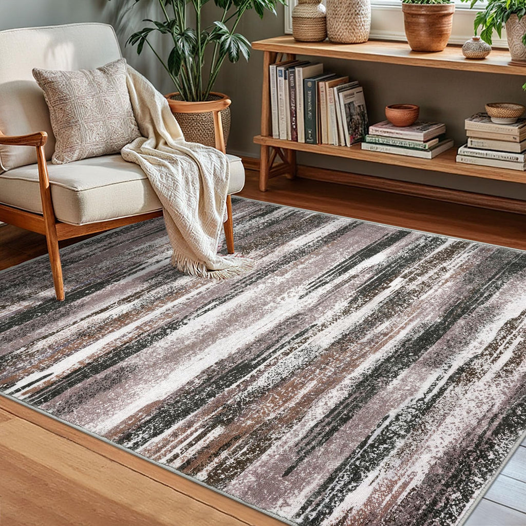 Lansny Modern Abstract Small Area Rug Indoor, Dark Light Brown White 3x5 Washable Rug Non-Slip Soft Entryway Rug Kitchen Mats Thin Print Faux Wool Floor Carpet Throw Rugs for Entrance Bedroom