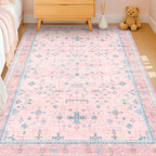Washable Pink and Blue 6x8 Boho Rugs for Bedroom Girls, Living Room Kids Playroom Nursery Room, Modern Floral Distressed Design, Soft Low Pile Non Slip Stain Resistance Carpet