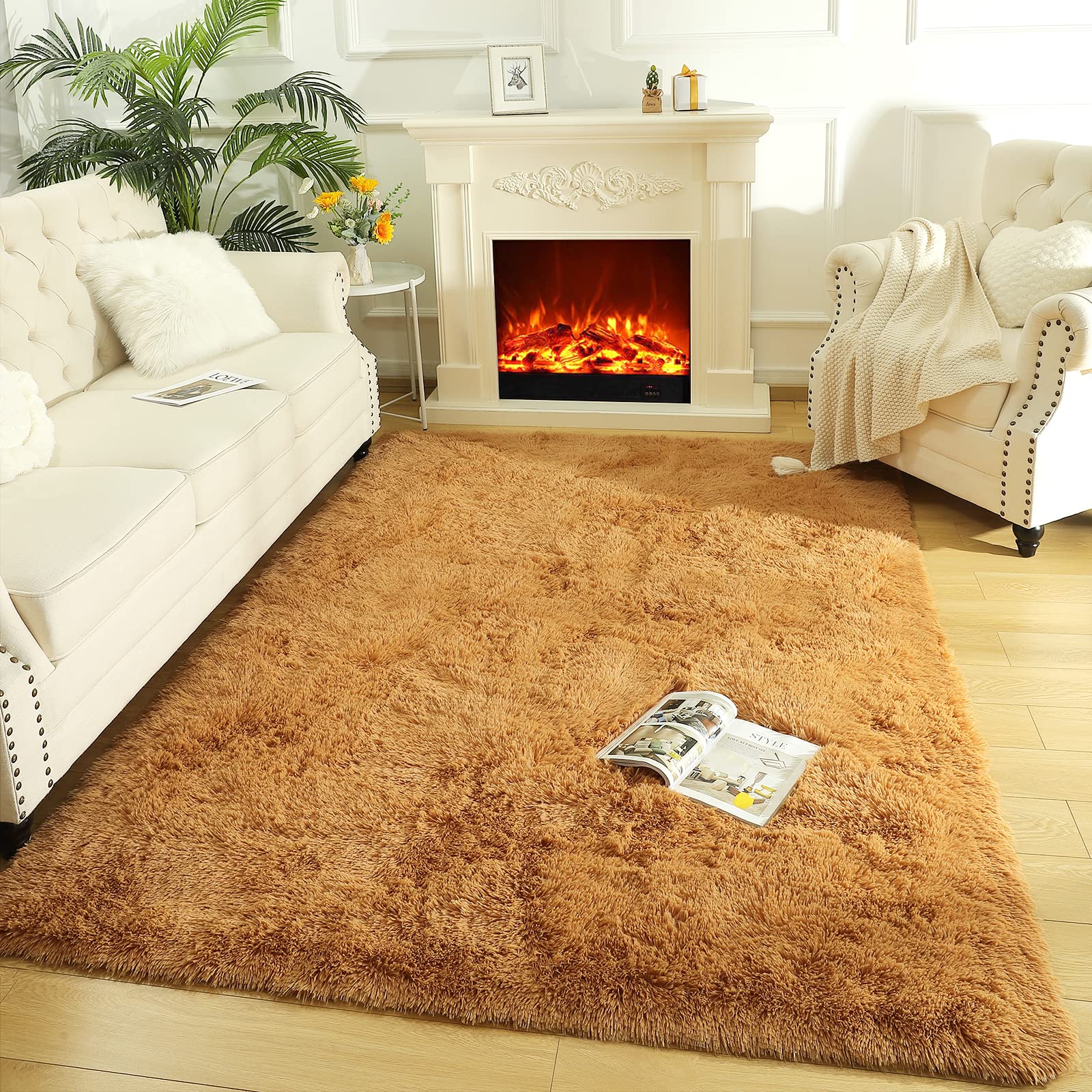 LOCHAS Area Rugs Fluffy Living Room Carpets for Kids Bedroom 4x5.3, Khaki