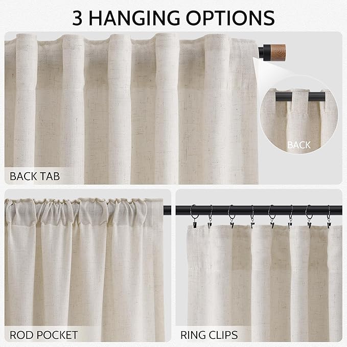 Nanspring Pearl White Linen Curtains for Living Room 72 Inches Long Luxury Light Filtering Semi Sheer Curtain Back Tab Coastal Decor Neutral Elegant Gray Drapes for Bedroom Office 52x72, 2 Panels