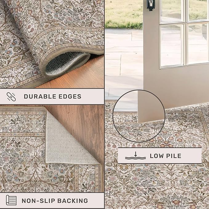 2x6 Washable Bathroom Runner Rug Non Slip - Moss Green Small Runner Rug for Kitchen, Bedroom, Hallway, Stain Resistant Kitchen Floor Mat, Ultra Soft Vintage Oriental Taupe Brown Décor Low Pile