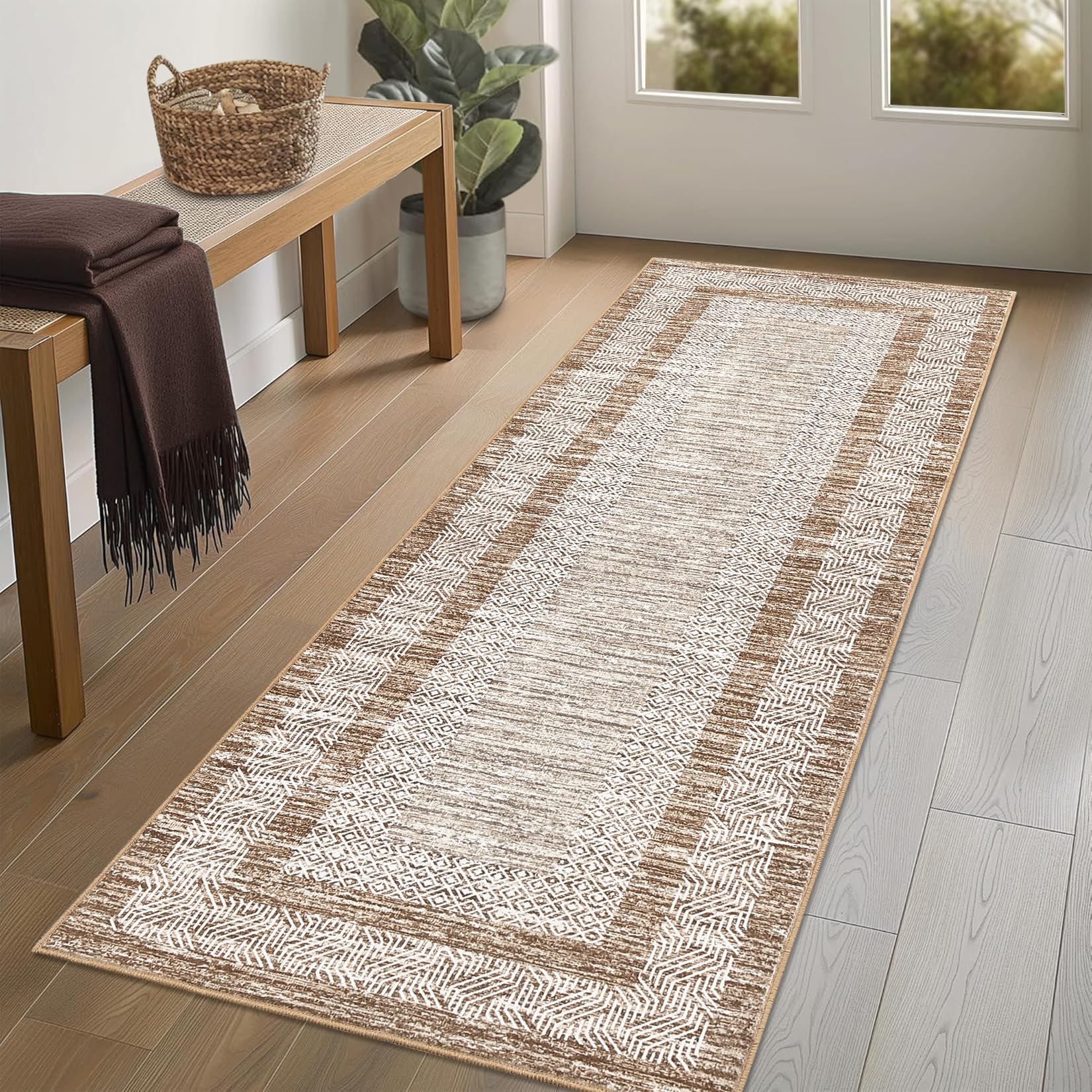 GarveeHome 2x6 Modern Bordered Runner Rug Soft Non Slip Washable Floor Carpet