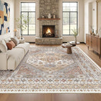 Washable Rugs 8x10 Area Rugs for Living Room, Non-Slip Backing Large Rug for Nursery Room, Vintage Floral Bedroom Rugs, Thin Indoor Home Decor Soft Farmhouse Rug (Orange,8'x10')