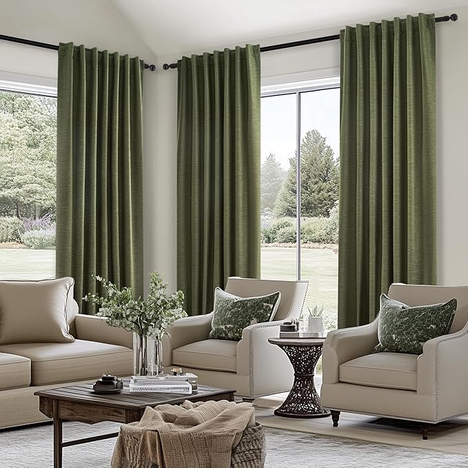 Green Blackout Curtains 95 Inches Long 2 Panels Set Room Darkening Vintage Farmhouse Country Linen Curtain Drapes for Bedroom Heavy Duty Thick Soundproof Viral Pleated Drapes(W52 x L95 Olive)