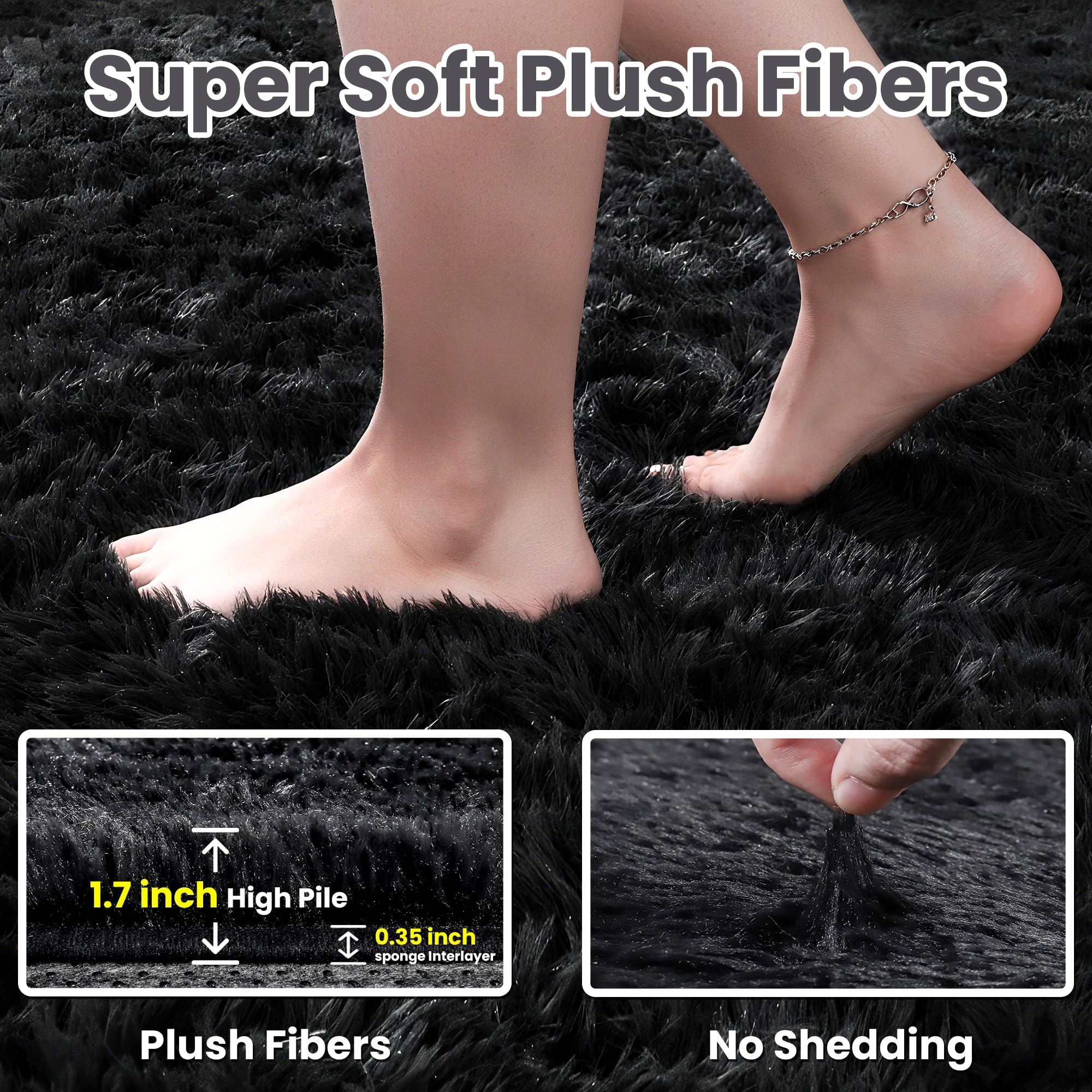 4x6 Fluffy Shag Area Rugs for Living Room Bedroom: Soft Plush Carpet Black