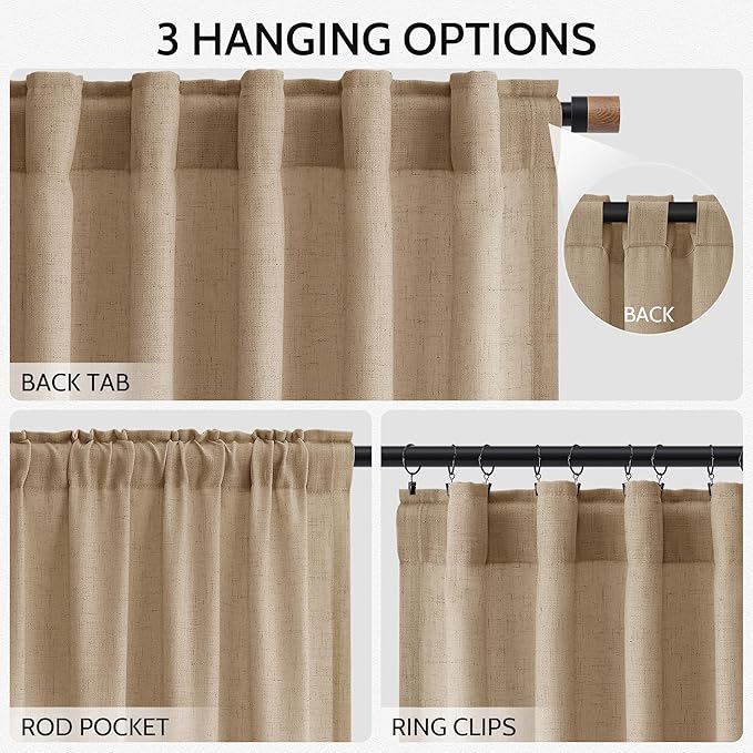 Sand Beige Linen Curtains for Living Room 105 Inches Long Simple Modern Light Filtering Semi Sheer Curtain Back Tab Rustic Farmhouse Luxury Home Decor Drapes for Bedroom Dinner Room 52x105, 2 Panels