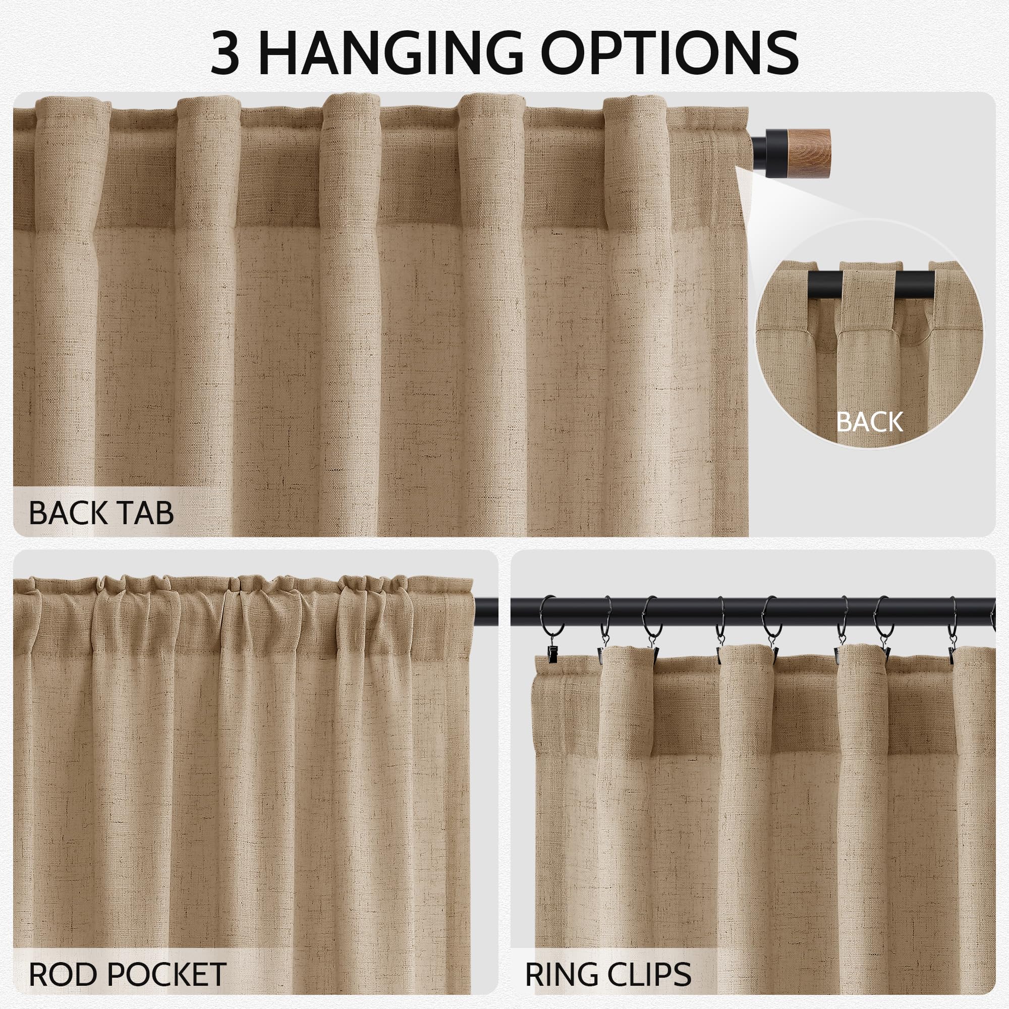 Nanspring Sand Beige Curtains 96 Inches Long for Living Room Flax Linen Light Filtering Luxury Simple Modern Semi Curtains Back Tab Privacy Semi Sheer Curtain for Bedroom Office 52x96, 2 Panels