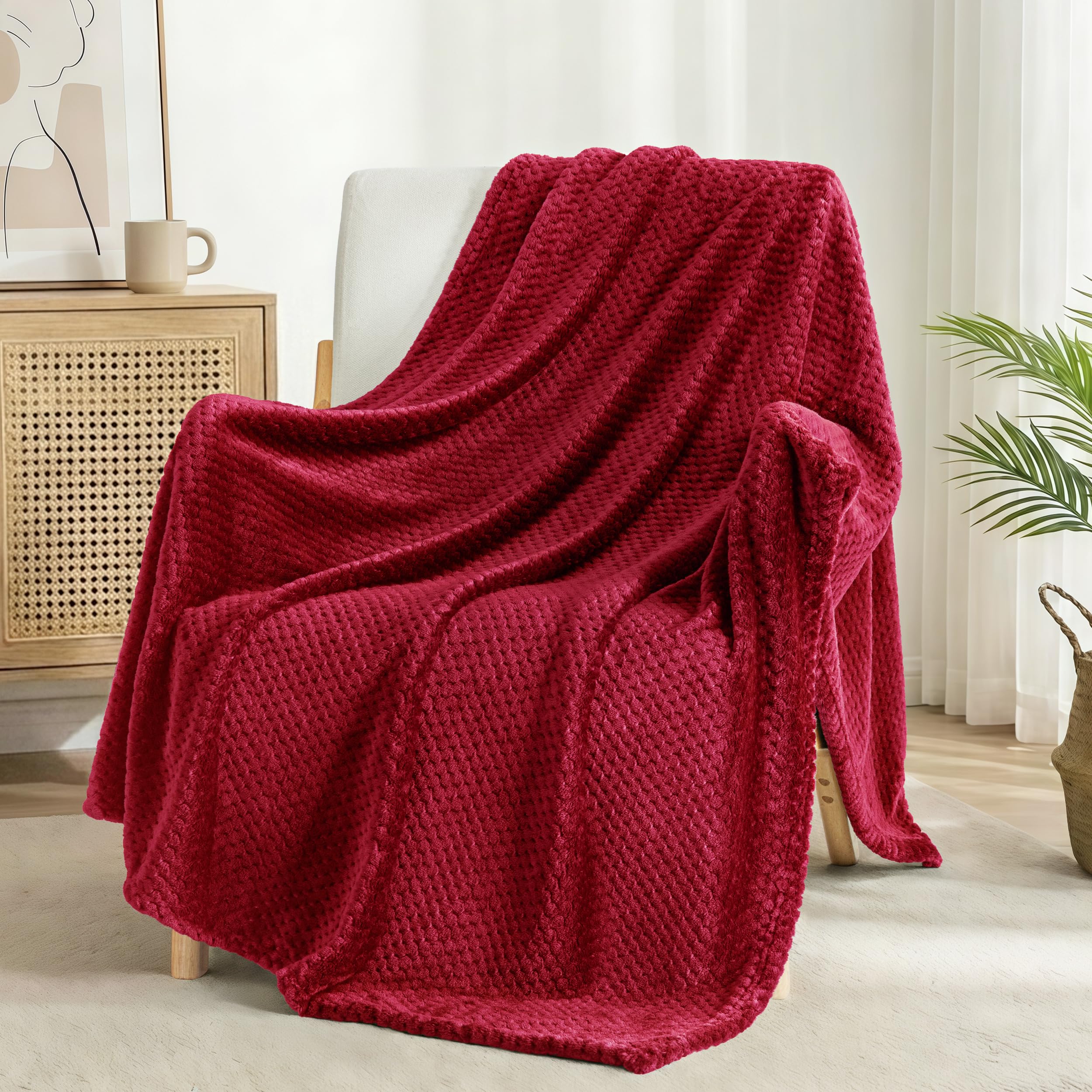 Exclusivo Mezcla Soft Waffle Fleece Bed Blanket King Size, Deep Red