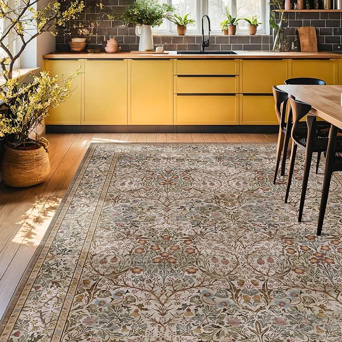 Washable Living Room Rug 10x12 - Moss Green Oriental Area Rug for Dining Room Under Table, Low Pile Non-Slip Floor Carpet for Bedroom Under Bed - Vintage Earthy Design & Stain Resistance