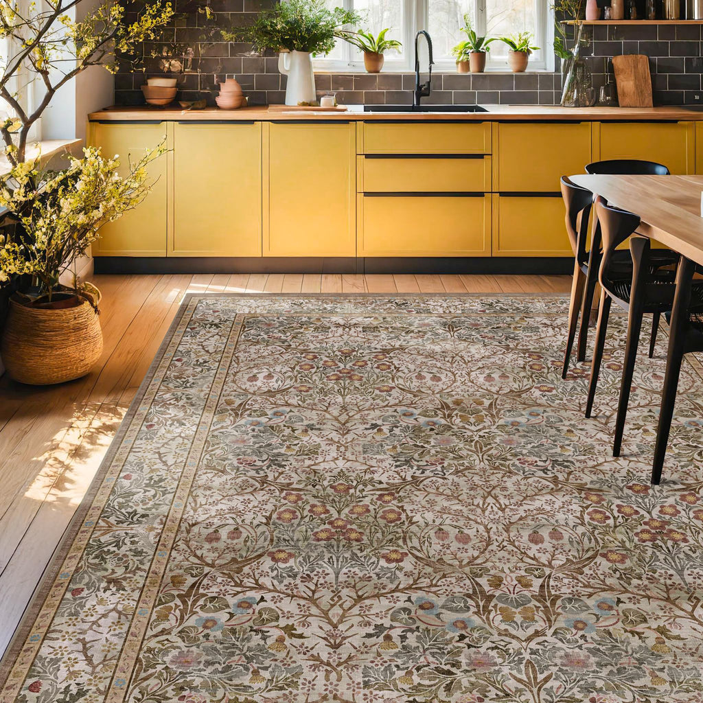 Washable 10x14 Living Room Rug - Moss Green Large Area Rug for Dining Room Under Table, Low Pile Non-Slip Floor Carpet for Bedroom Under Bed - Neutral Taupe Design & Stain Resistance