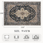 Area Rugs 9x12 Vintage Rug: Large Washable Living Room Rug Retro Medallion Distressed Soft Low Pile Non-Slip Indoor Floor Carpet for Bedroom Dining Table Office (BeigeBlack,9'x12')