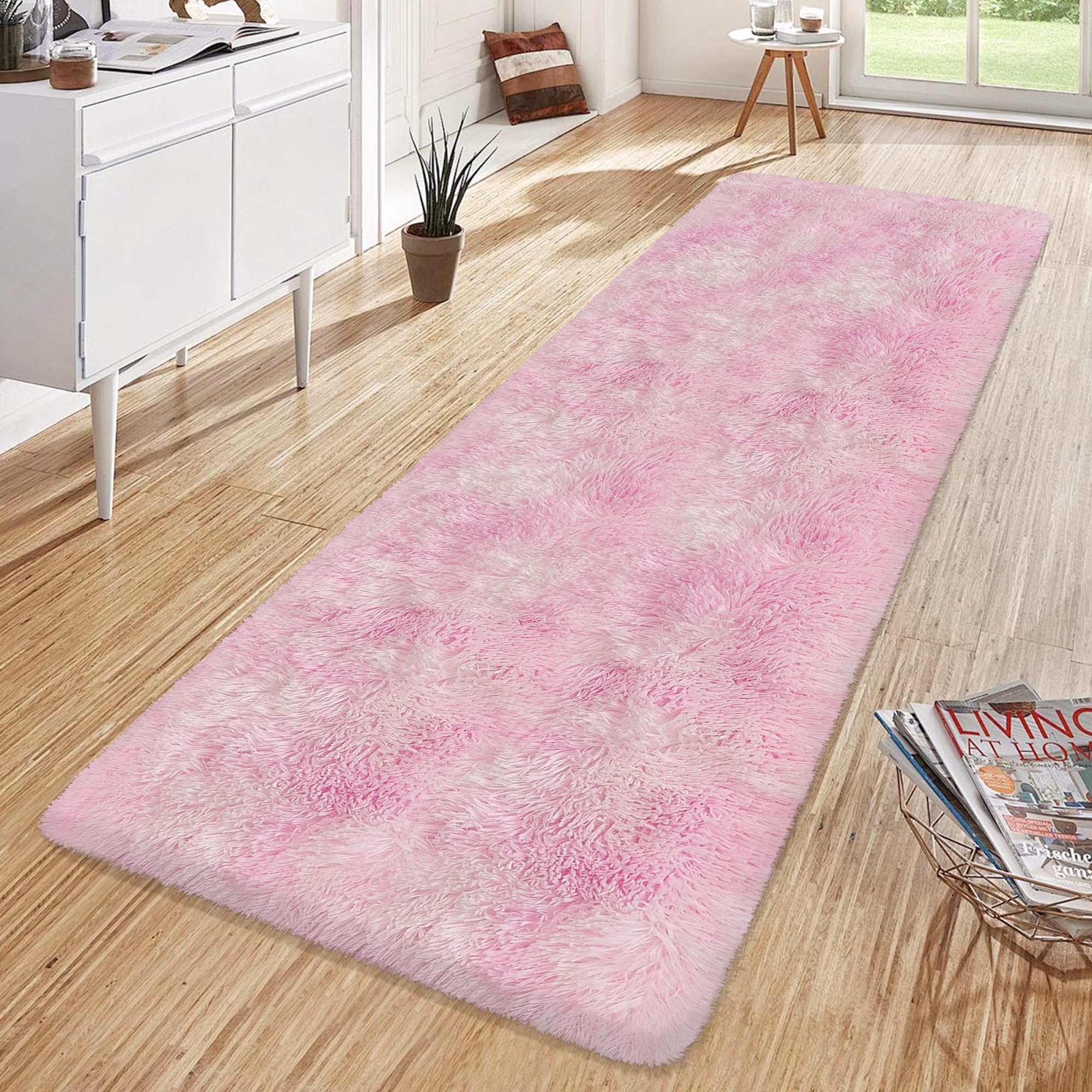 JiaoBaba Super Soft Fluffy Living Room Area Rug 2x6 ft Tie-Dyed Light Pink Shaggy Furry Carpet Washable Non-Slip Floor Rugs Bedroom Bedside Nursery Kawaii Rug Fuzzy Girls Dorm Home Decor Aesthetic