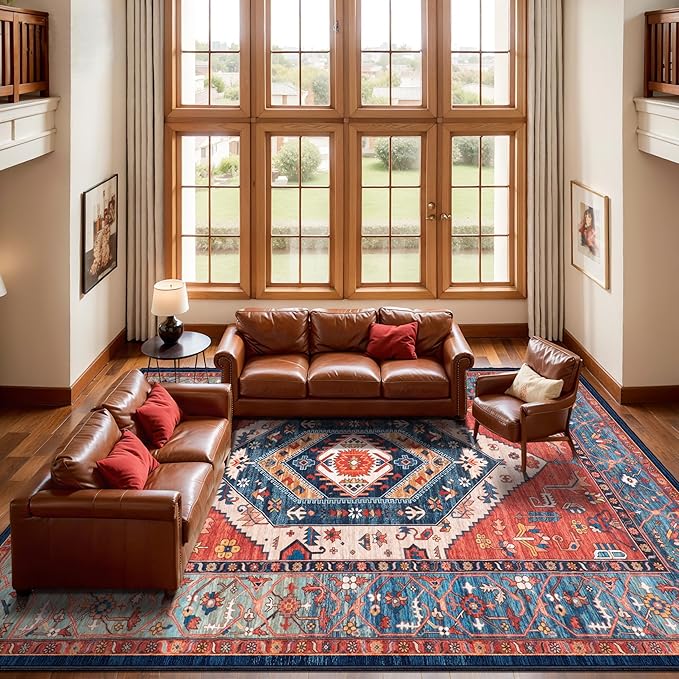 SERISSA Washable Rugs 9x12 Area Rugs, Large Non-Slip Boho Living Room Rust Rug, Ultra Soft Vintage Print Distressed Oriental Tribal Farmhouse Carpet for Dining Room Bedroom Dorm Office Home Decor