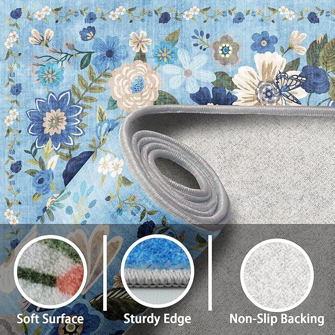 Rug for Hallways Kitchen Rug 2'6" x 14', Non Slip Washable Rugs with Rubber Backing Soft Floral Carpet Runner for Hallways, Kitchen, Laundry, Bedroom, Bathroom(2.6 x 14, Blue Garden)