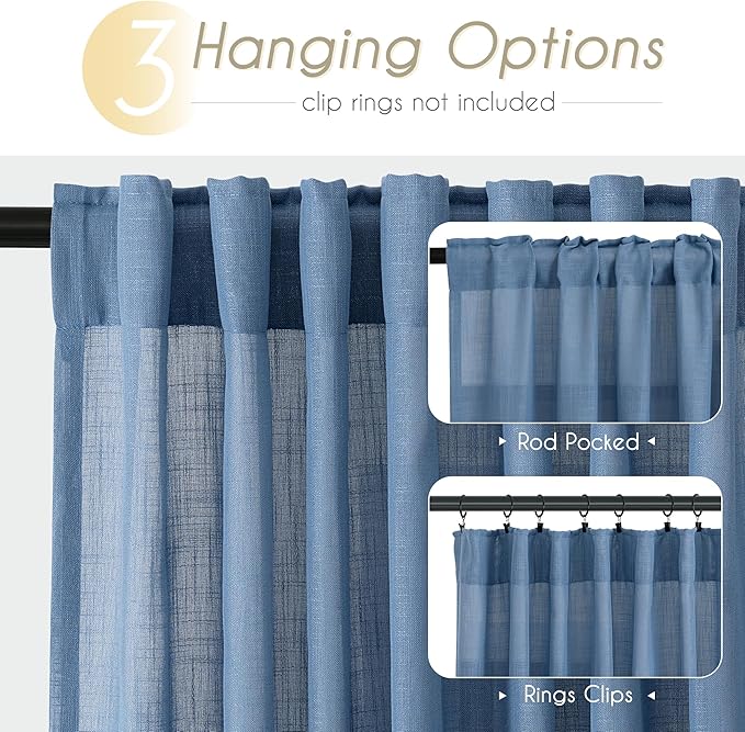 Denim Blue Curtains for Living Room Back Tab Modern Farmhouse Semi Sheer Blue Curtains 100 inches Long 2 Panels Set Muted Neutral Window Curtain for Dining Room Bedroom 52x100