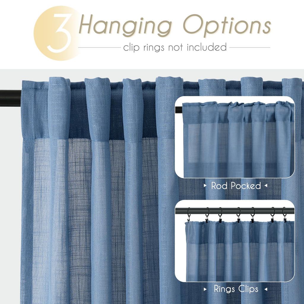Jolilight Denim Blue Curtains for Living Room Back Tab Modern Farmhouse Semi Sheer Blue Curtains 90 inches Long 2 Panels Set Muted Neutral Window Curtain for Dining Room Bedroom 52x90
