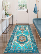 SERISSA Boho Washable Runner Rug, 2x6 Rug Runner Non-Slip Vintage Blue Hallway Kitchen Runner Rug Ultra Soft Print Distressed Tribal Floor Carpet Runner for Bedroom Bathroom Laundry Living Room