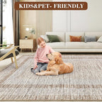GarveeHome Modern Geometric Area Rug 4x6 Distressed Bordered Washable Non Slip Floor Carpet Non Shedding Thin Soft Low Pile Contemporary Brown Rug for Dining Room, Living Room