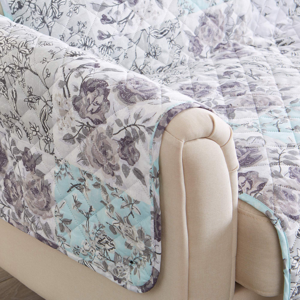 Great Bay Home Reversible Floral Patchwork Recliner Furniture Protector - Machine Washable, Scalloped Edge, Stain Resistant, Printed Furniture Cover for Dogs, Kids, and Pets (Gray/Aqua)