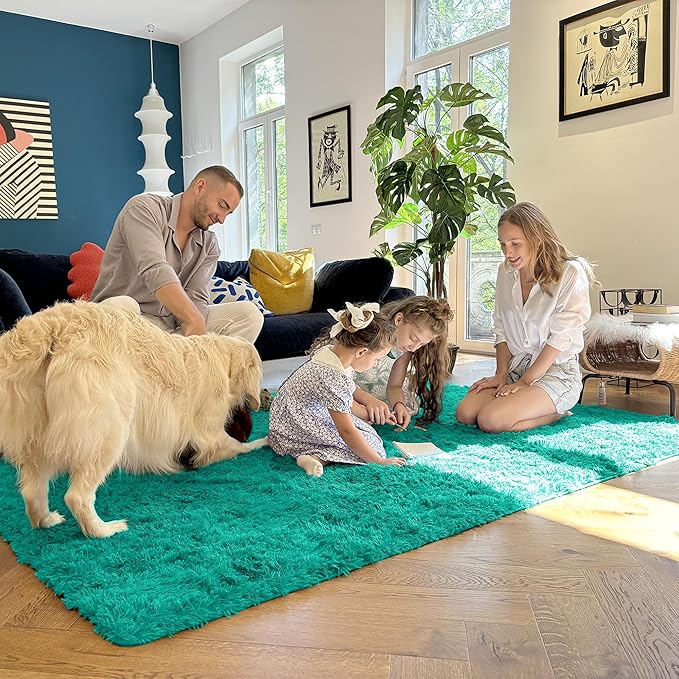 OLANLY 2x4 Machine Washable Runner Rugs for Hallway, Soft Fluffy Shaggy Bedside Rugs for Bedroom, Living Room, Indoor Floor Carpet for Kids Girls and Boys, Home Decor Aesthetic, Teal Green