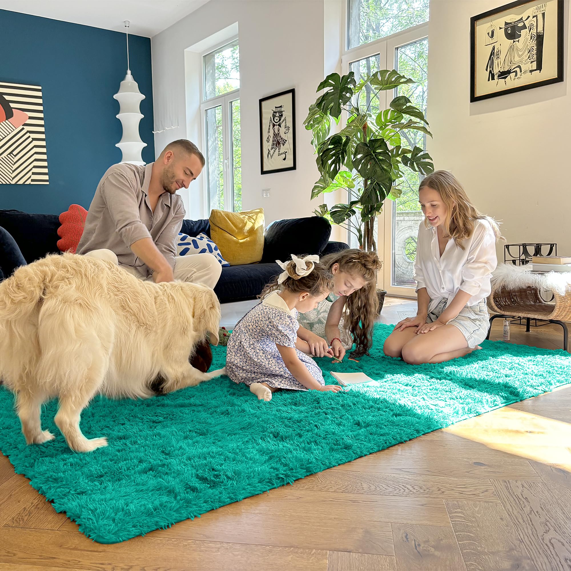 OLANLY 2x8 Machine Washable Runner Rugs for Hallway, Soft Fluffy Shaggy Bedside Rugs for Bedroom, Living Room, Indoor Floor Carpet for Kids Girls and Boys, Home Decor Aesthetic, Teal Green