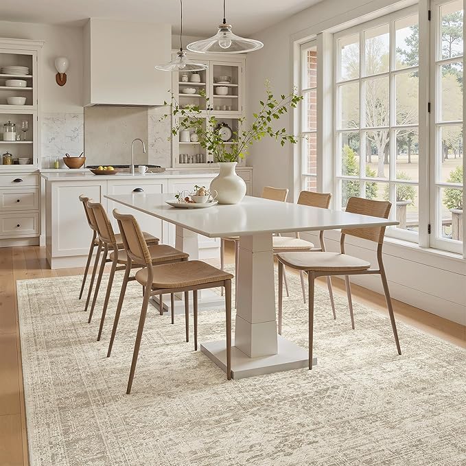 Soalmost 5x8 Area Rugs Beige Low Pile Washable Trendy Faded Style Rug