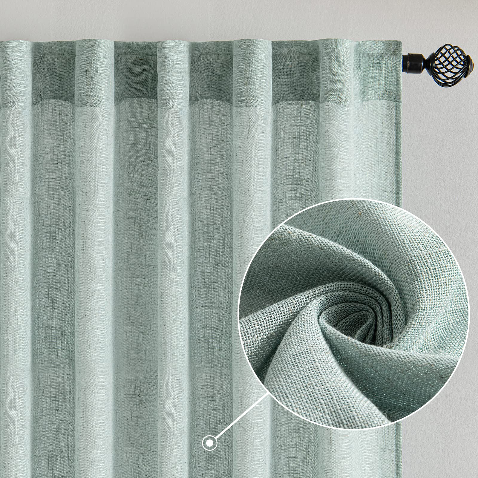 MIULEE Sea Green Linen Curtains 52x84 Inch for Bedroom Living Room 2 Panels