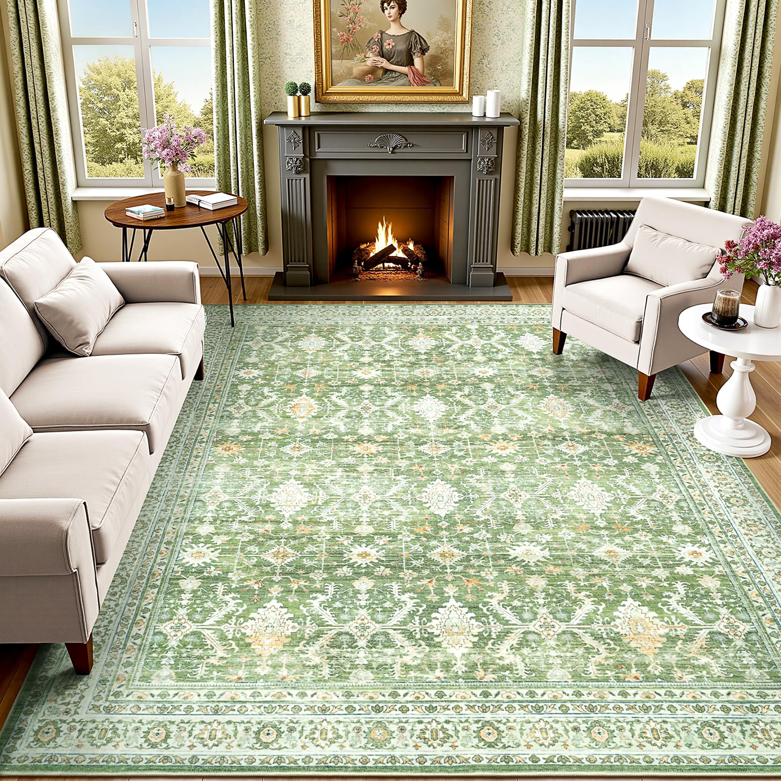 8x10 Area Rugs for Living Room, Washable Large Carpet, Light Green
