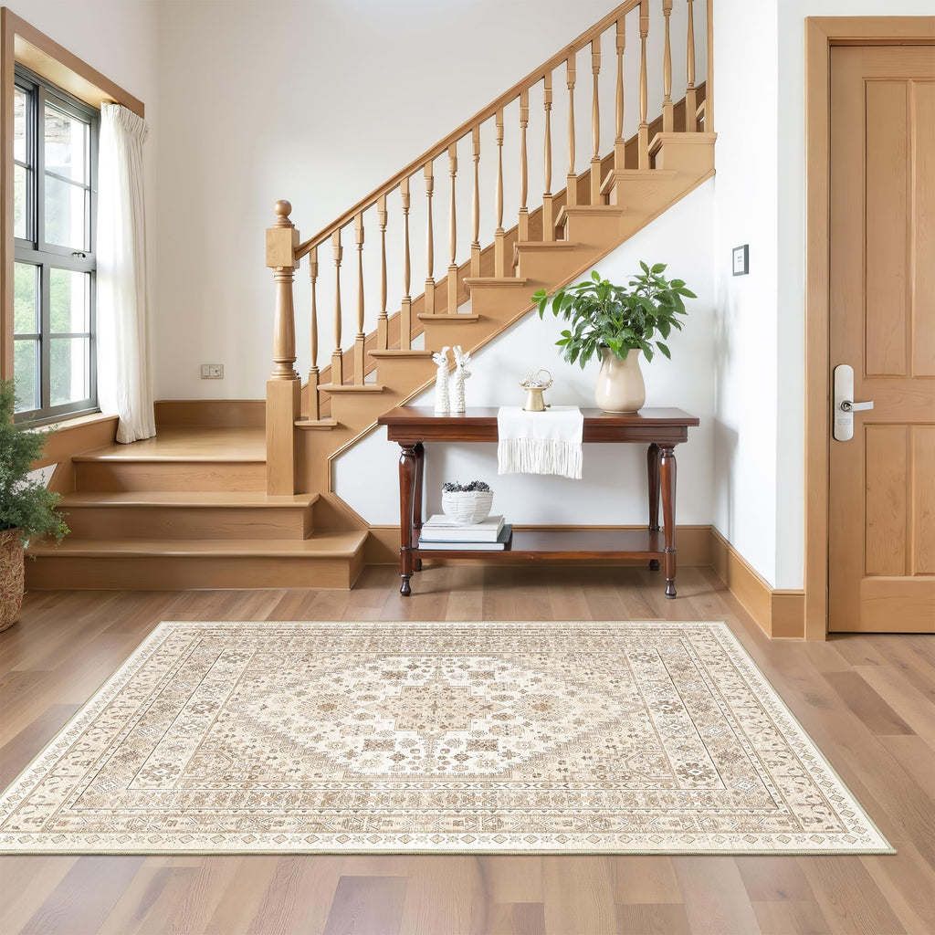 Restydon 3x5 Washable Area Rug for Entryway Non Slip Rugs, Cream/Beige